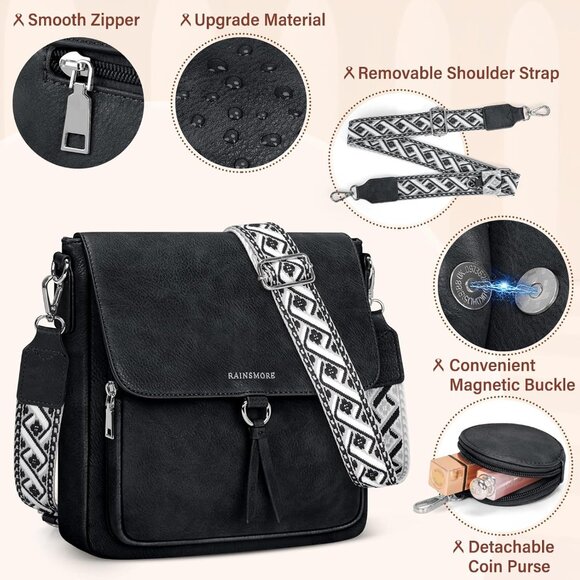 🆕 Women Black PU Leather Crossbody Purses Adjustable Wide Strap Shouler Bag - Picture 5 of 8